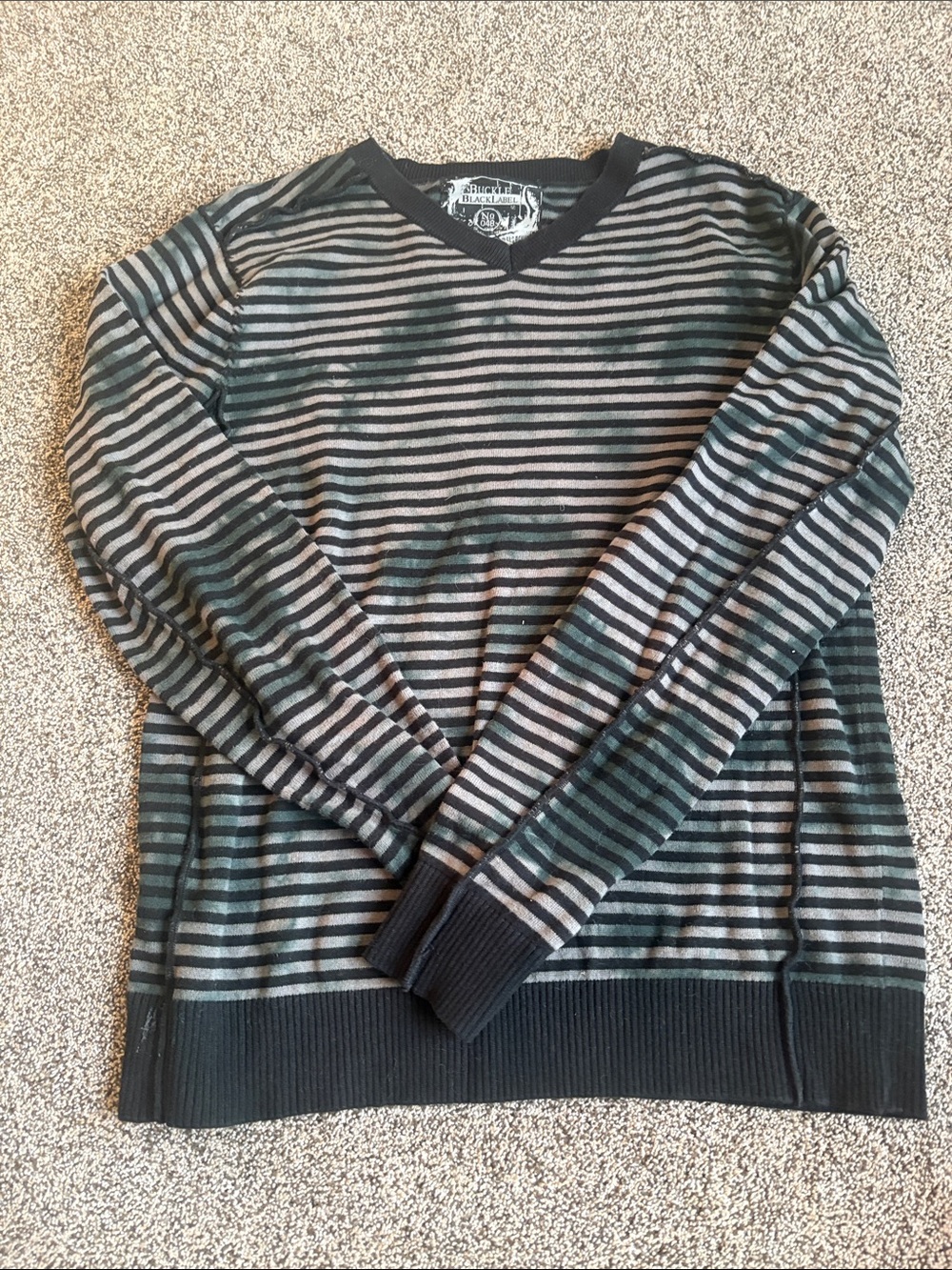Black Label Men's Black & Gray Striped V-Neck Sweater
